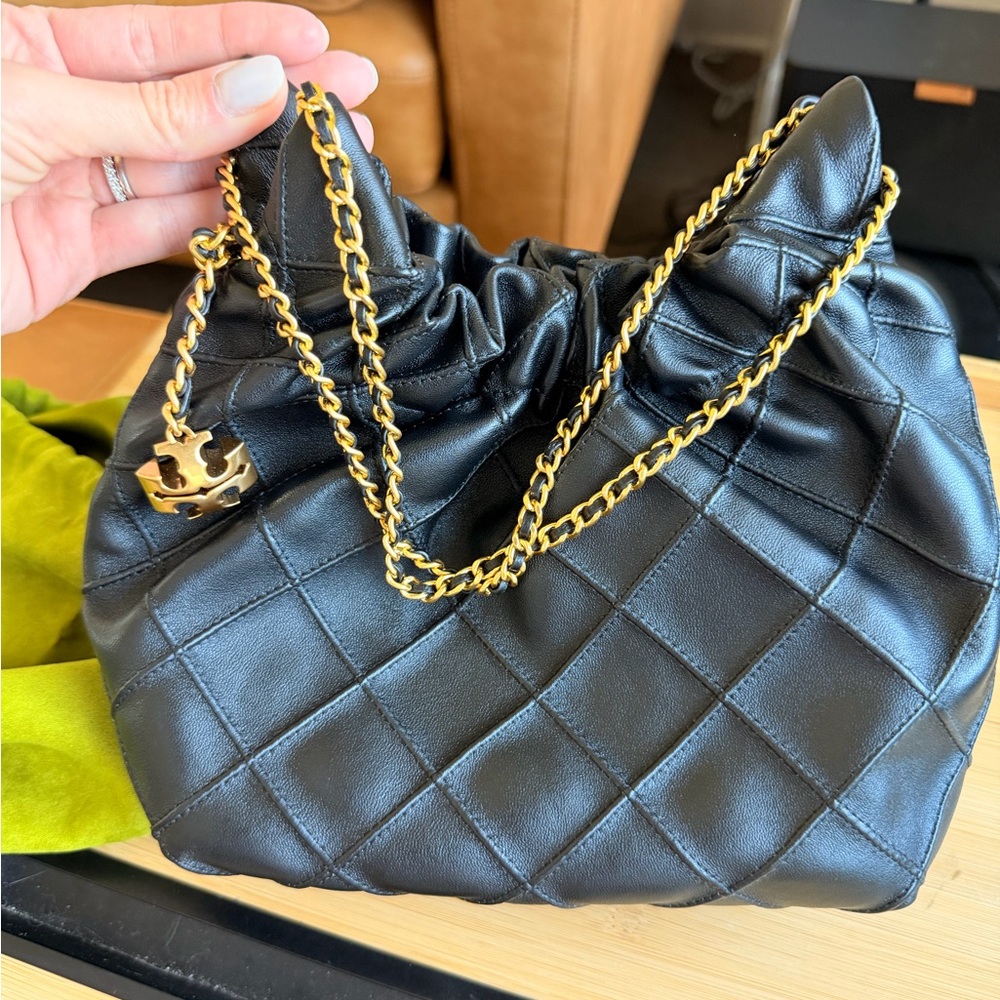 Tory Burch Black Quilted Shoulder Bag with Gold Chain